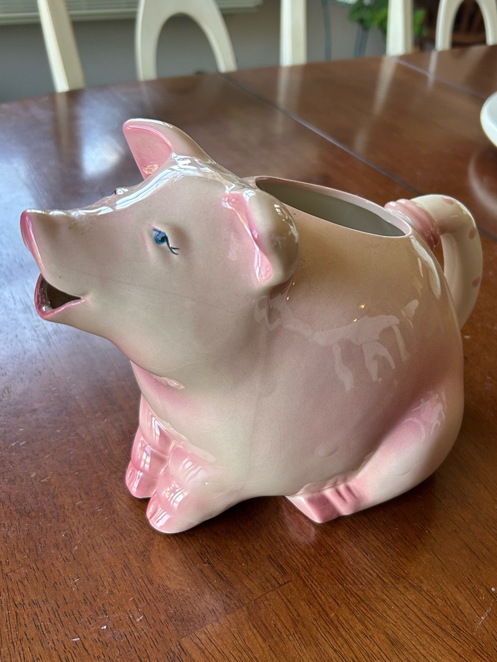Vintage 1989 Hand-painted Ceramic Pig Pitcher Polka Dot Handle By Clay Art EUC